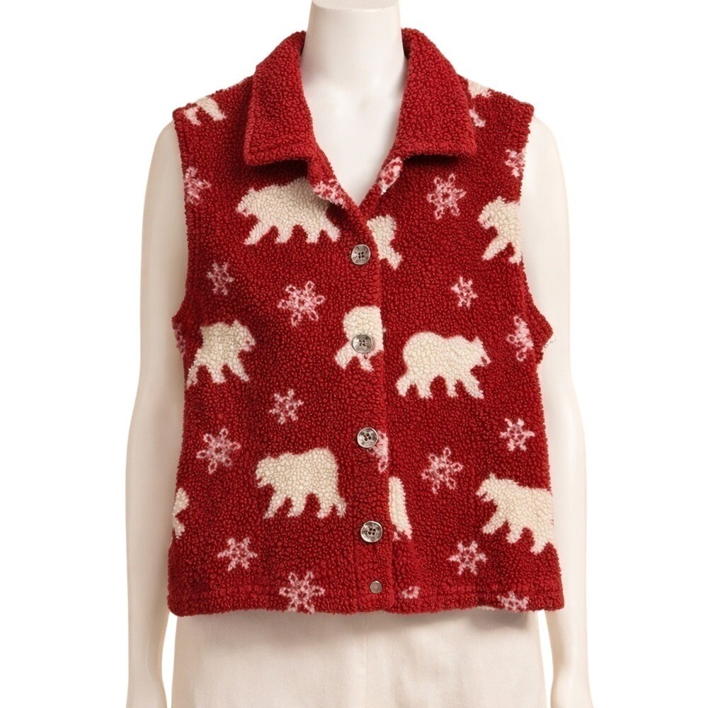 Cottagecore Winter Fleece Vest Polar Bear Snowflake Red Large St Johns Bay